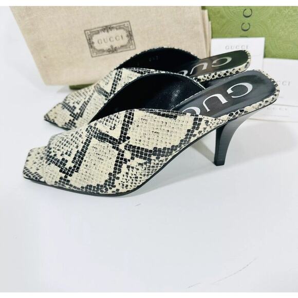 Gucci Python Beige Avana Peep Toe Slip On Heel Mules Sandal Size 37/ 7 NIB - Picture 7 of 11
